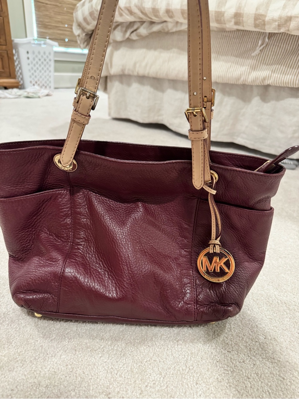 Michael Kors Burgundy Leather Tote with Tan Straps